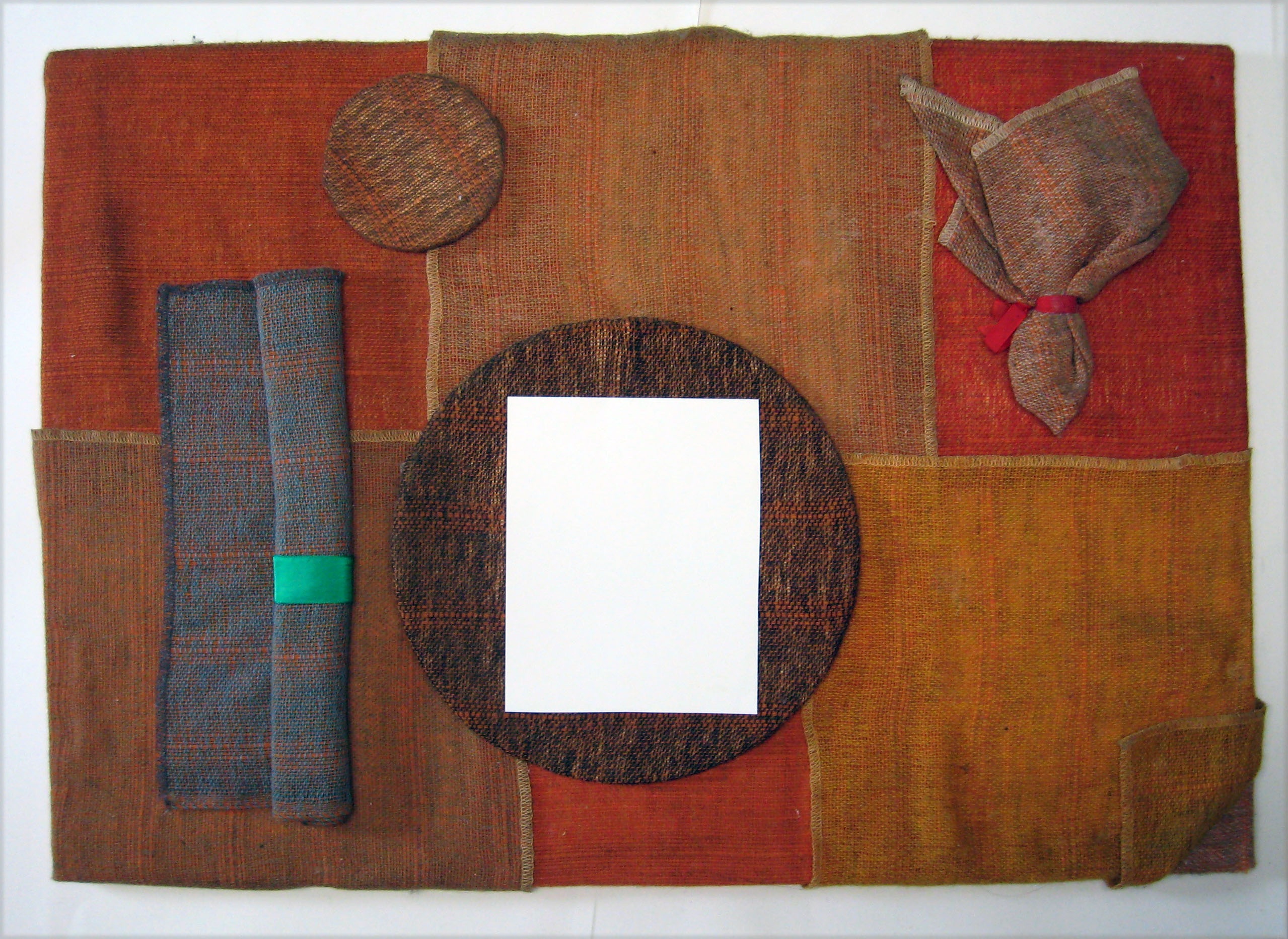The first invites to a meeting and celebration with food. I had been at a textile shop and got some textile samples for gardines, etc, and from them I made this poster, a mini-table ‘couvert’ with the invitation on the platter… (The original invitation, written with a typewriter, not by hand, to be more formal, is lost) 